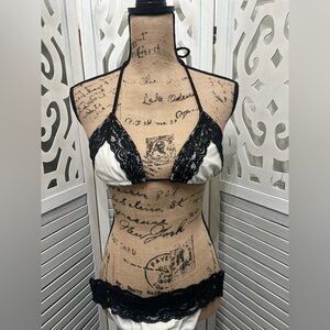 Daisy Beachwear Pearl White Triangle Black Lace Bikini Top